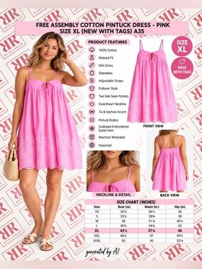 FREE ASSEMBLY COTTON PINTUCK MINI DRESS - PINK SIZE X-LARGE  (NEW WITH TAGS) A35